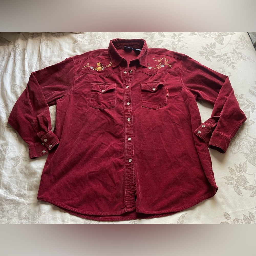 Vintage Disney Winnie‎ The Pooh Maroon Corduroy Embroidered Shirt Shacket Large
